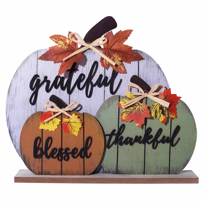 CYNOSA Fall Decorations for Home Blessed Grateful Thankful Fall Decor Wooden Pumpkin Tabletop Signs for Home Thanksgiving Farmhouse Living Room Harvest - Image 1